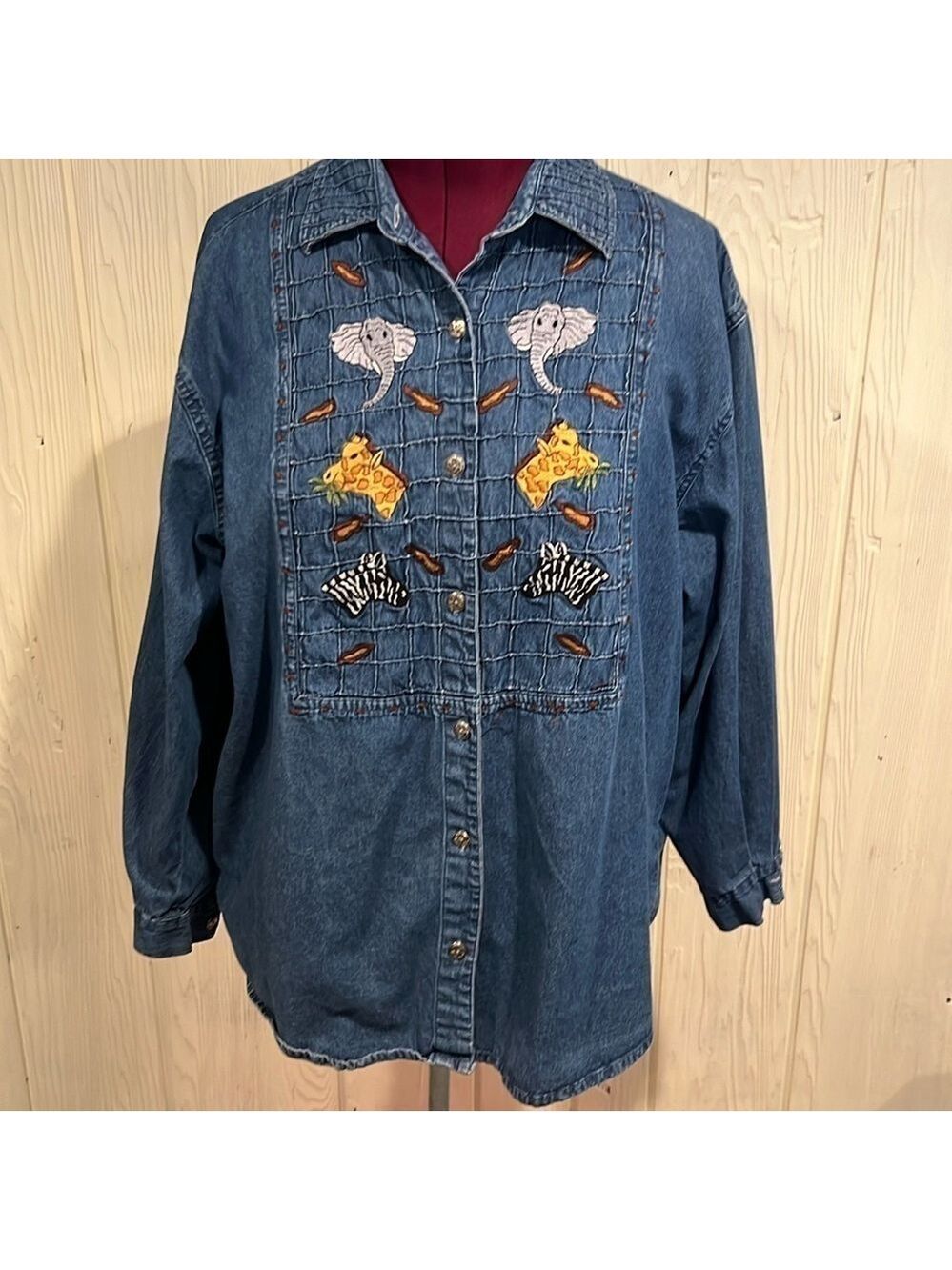 Sara Studio Denim Shirt Animals Applique Long Sleeve 1X